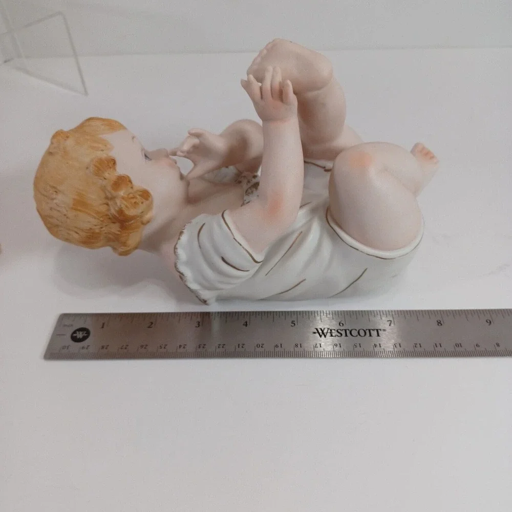 Vintage KPM Set Of 2 Large Bisque Porcelain Piano Babies Blonde Blue Eyes Japan